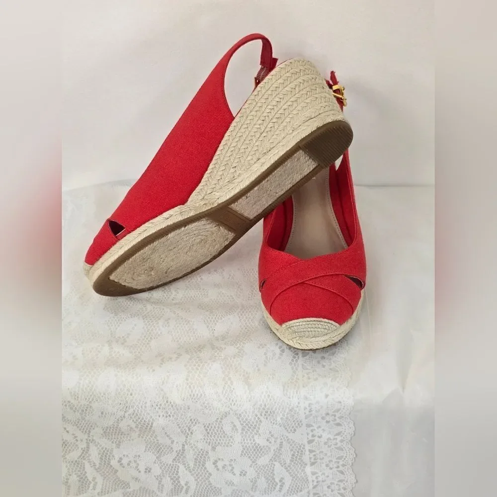Lauren Ralph Lauren Red Slingback Espadrille Wedges New